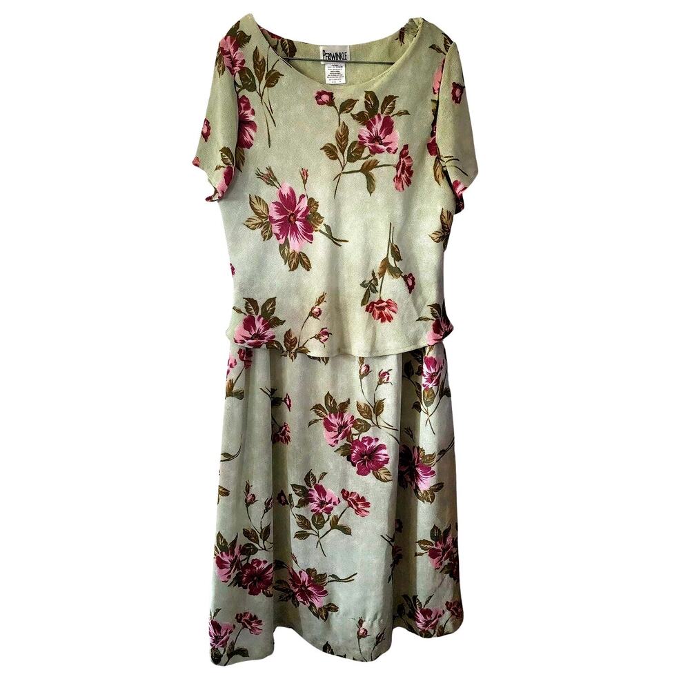 Vintage Periwinkle Mint Green Burgundy Floral Knee Midi Dress Plus Size 18
